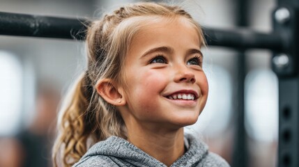 Smiling girl looking up in a gym