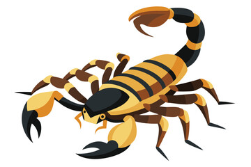 Detailed scorpion displays segmented body, sharp pincers, and segmented tail on white
