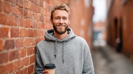 Smiling man with a beard leaning against a brick wall, holding a coffee cup.