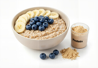 Oatmeal breakfast with banana, blueberries and protein powder for athletes