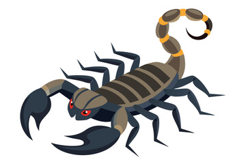 Illustrated scorpion with striking red eyes and formidable claws poses menacingly on a white surface