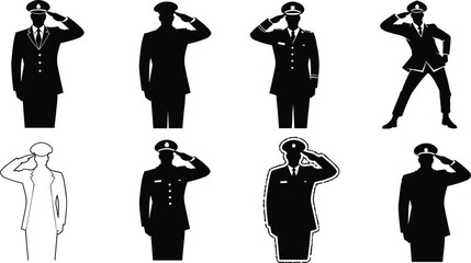 Silhouettes of professionals and officers in various uniforms saluting, vector illustration set for military, respect, discipline, authority, teamwork themes