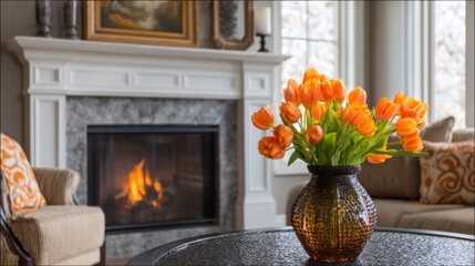 Cozy living room fireplace with orange tulips