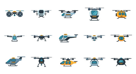Naklejka premium Various drone designs and models for aerial photography and transport.