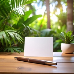 Blank card on wooden table with greenery
