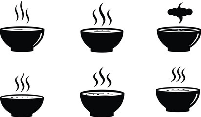 Steaming hot soup bowl silhouettes set, food vector icons showing steam curls, warm meal symbols, cooking illustration design for restaurant menus