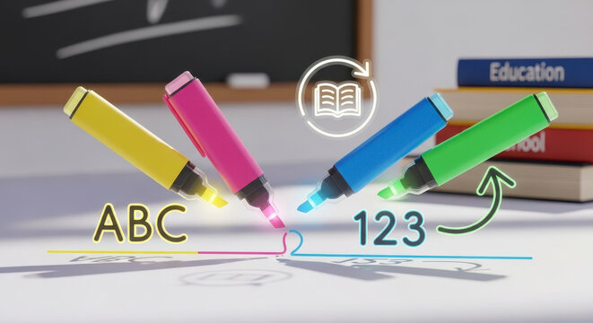 Brightly Colored Markers Illustrate Learning ABCs and 123s on White Paper