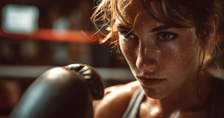 Fototapeta premium Female boxer training inside a boxing ring