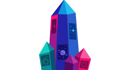 Vibrant cluster of magical space crystals with cosmic scenes.