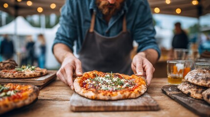 Chef presenting a delicious pizza at a food market stall