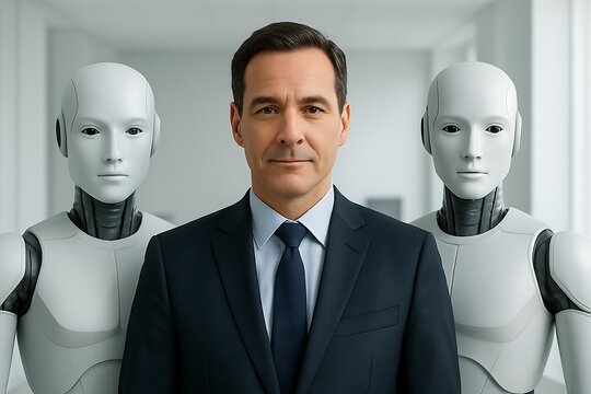 Businessman Standing With Two Humanoid Robots in Modern Office - Powered by Adobe