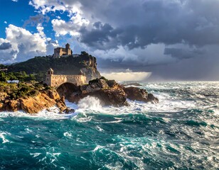 Dramatic coastal scene with a fortress