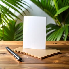 Blank card on wooden table with palm leaves