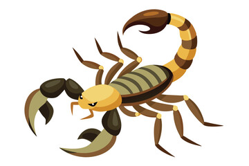 Cartoon scorpion displays its brown and beige exoskeleton with large pincers on a white backdrop
