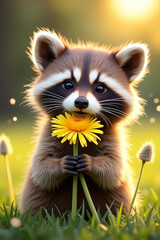 Obraz premium cute raccoon with a playful expression and soft brown fur, holding a handful of delicate yellow dandelion flowers with white fluffy seeds 