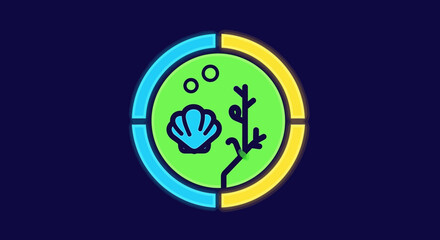Vibrant Marine Life Emblem - Shell, Algae, and Bubbles in a Circle.