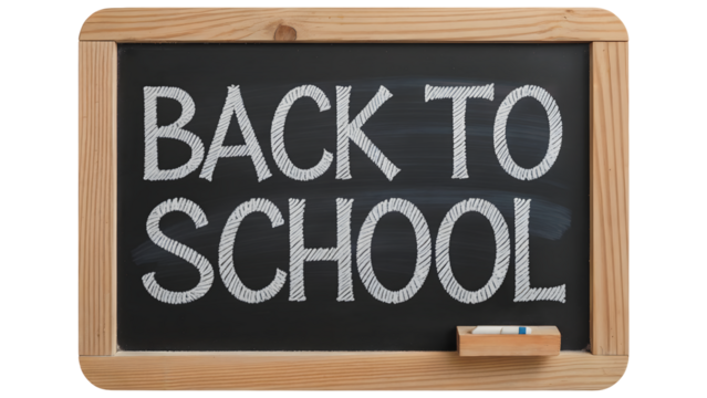 A chalkboard with a wooden frame displaying the phrase back to school in white chalk lettering style