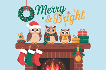 Merry & Bright Christmas Owls on Mantelpiece: Festive Holiday Illustration