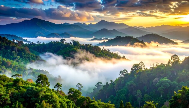 Lush mountain range shrouded in mist at sunrise - Powered by Adobe