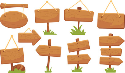 Naklejka premium Set of ten wooden signboards with rustic textures, posts, ropes, and grassy bases, symbolizing outdoor signage, UI elements, and nature-themed design