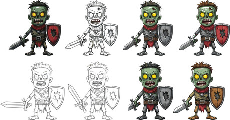 Cartoon zombie warriors with swords and shields — colored and line art vector set for fantasy, horror, and game character design