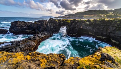 Dramatic coastal scene with arching rock formations