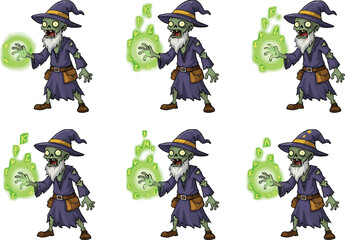 Cartoon zombie wizard casting green magical spells, undead sorcerer in purple robe and hat for spooky Halloween vector content