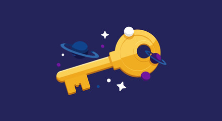 Whimsical Golden Key Floating in Space with Planets and Stars.