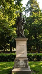 Obraz premium Bronze statue on a light-colored pedestal, in a park setting