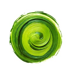 This circular swirl of green. The spiral brush textures. A vibrant green paint swirl spins in a circular motion.