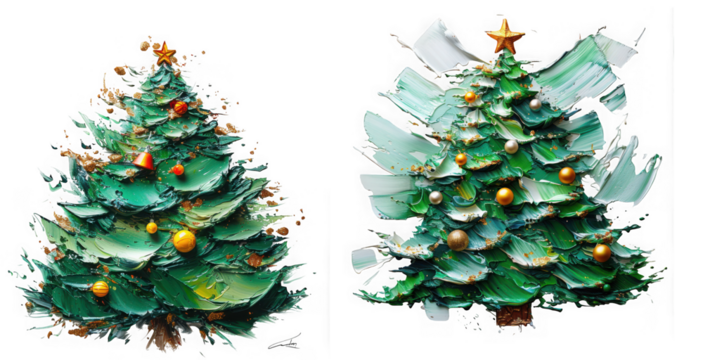 Two stylized christmas trees with ornaments and a star on top, isolated on transparent background