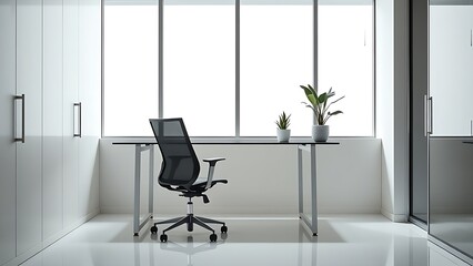 Sleek modern office environment with clean lines, an ergonomic chair at a glass desk, and a potted plant accent.