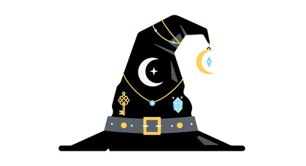 A mystical black witch hat adorned with celestial symbols and magical charms.
