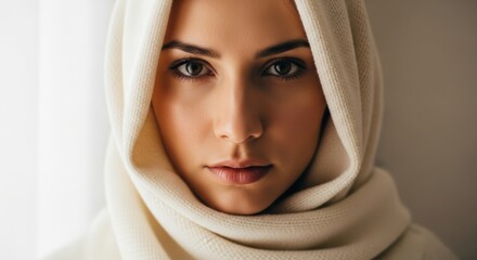 Young caucasian female with intense gaze in white hijab portrait