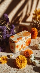 Retro floral tin box surrounded by vibrant wildflowers and warm sunlit shadows, evoking vintage charm and natural beauty