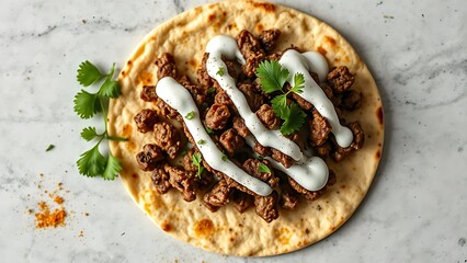 Ground lamb flatbread drizzled with yogurt, featuring warm spices in an overhead view with professional food styling lighting.
