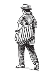 One casual towns man in hat with big bag walking in summer outdoor, realistic sketch, rear view, vector hand drawn illustration isolated on white background