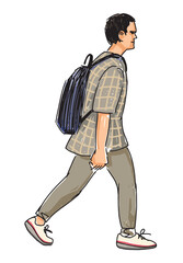 One casual young man student with backpack walking outdoors, profile, sketch, vector hand drawing