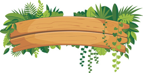 Wooden signboard with curved planks framed by tropical green foliage and vines, symbolizing nature, eco-friendly signage, outdoor decor, and environmental themes