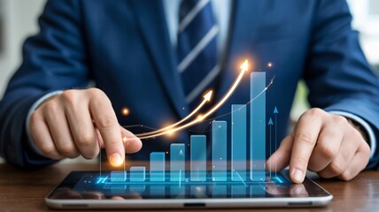 Businessman analyzes rising financial data on futuristic tablet interface