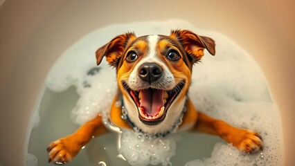 A joyful dog playing in a bathtub filled with bubbles, capturing a moment of pure happiness.