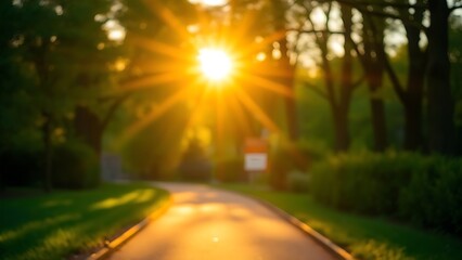 Sunlit park pathway surrounded by greenery during golden hour, creating a peaceful scene.