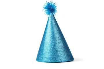 Realistic blue glitter party hat with pompon on top white background celebration anniversary.