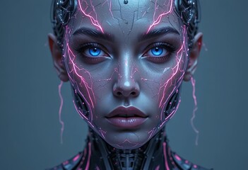 Detailed portrait of a cybernetic hybrid, fluid metal skin with glowing neon veins, expressive deep eyes, hyperreal sharp textures, plain solid-color background.