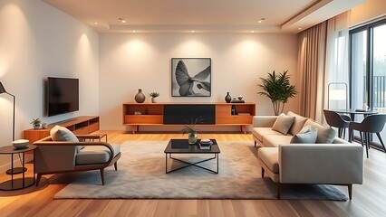 Modern living room with minimalist decor, warm lighting, and a clean aesthetic.