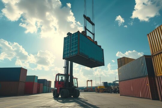 Forklift crane lifting up container in yard architecture delivering machinery.