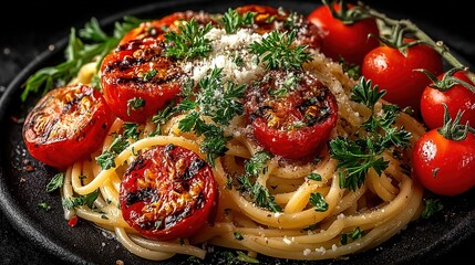 Spaghetti with Tomato Sauce and Parmesan on Dark Background, Top View, Copy Space for Menu Design