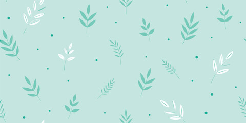 Delicate botanical pattern with light green leaves and dots on a soft mint background creating a fresh and calming nature inspired design