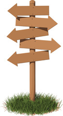 Wooden signpost with six directional arrows pointing left, surrounded by grass, symbolizing choice, navigation, outdoor signage, and nature-themed decision-making