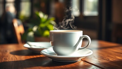Obraz premium Steaming coffee cup on a rustic table with warm morning light, evoking a cozy atmosphere.